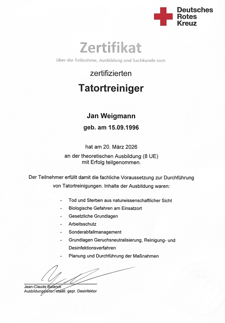 Zertifikat – INTEGRO Tatortreinigung & Spezialreinigung